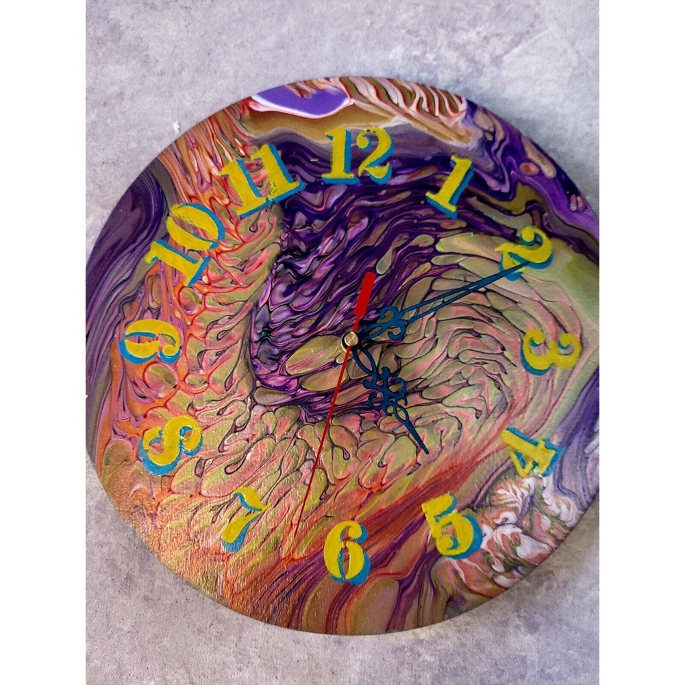 Wall Clock 12" Fluid Art Nebula Abstract Wooden Handmade